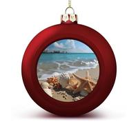 4PCS Shatterproof Christmas Ball Ornaments 3 Inch PC Plastic Xmas Tree Hanging Decor, Seashells Starfish on Beach Ornaments with Festive Designs for Tree & Home Decor, Red-Style