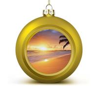 4PCS Shatterproof Christmas Ball Ornaments 3 Inch PC Plastic Xmas Tree Hanging Decor, Tropical Beach Sunset Ornaments with Festive Designs for Tree & Home Decor, Golden-Style