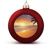 4PCS Shatterproof Christmas Ball Ornaments 3 Inch PC Plastic Xmas Tree Hanging Decor, Tropical Beach Sunset Ornaments with Festive Designs for Tree & Home Decor, Red-Style