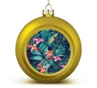 4PCS Shatterproof Christmas Ball Ornaments 3 Inch PC Plastic Xmas Tree Hanging Decor, Tropical Floral Leaves Ornaments with Festive Designs for Tree & Home Decor, Golden-Style