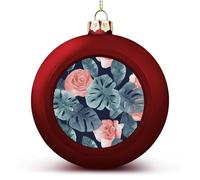 4PCS Shatterproof Christmas Ball Ornaments 3 Inch PC Plastic Xmas Tree Hanging Decor, Watercolor Monstera Pattern Ornaments with Festive Designs for Tree & Home Decor, Red-Style