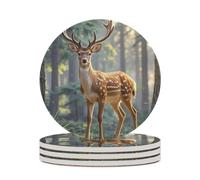 4PCS Sika Deer Coasters Non-Slip Round Drink Coasters with Ceramic Stone and Cork Base, Heat Resistant Absorbent 33.00Stone Coaster Set for Kinds of Mugs and Cups, 4 Inch