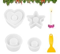 4pcs Silicone Mould Candle Holder, Casting Mould Candle Holder, Stick Candle Silicone Candle Moulds, Silicone Moulds, DIY Candle Holder, Round, Pentagram, Hearts, for Home Decorations DIY (Scraper)
