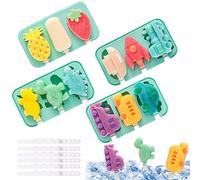 4Pcs Silicone Popsicle Molds 3 Cavity Baby Popsicle Molds BPA Free Ice Cream Mold Cute Dinosaur Fruits Car Shape Cakesicle Ice Mold with Lid ＆ 24 Sticks