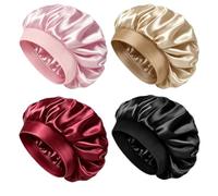 4PCS Silk Bonnet for Sleeping Curly Hair Cap, Silk Hair Bonnet for Sleeping | Black, Red, Pink, and Yellow, with Widened Elastic Hair Ties to Reduce Friction During Sleep, Strong Wrapping, and Breathable