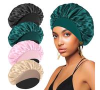 4PCS Silk Bonnet for Sleeping,Hair Satin Bonnets for Black Women Men,Hair Wrap Cap for Curly Hair,Elastic Wide Band Hair Bonnet Shower Cap for Sleeping (Black & Peacock Blue & Pink & Khaki)