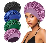 4PCS Silk Bonnet for Sleeping,Hair Wrap Satin Bonnets Shower Cap for Black Women Men, Elastic Wide Band Hair Bonnet Cap for Sleeping Curly Hair (Black & Blue & Purple & Green)