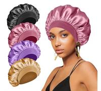 4PCS Silk Bonnet for Sleeping,Hair Wrap Satin Bonnets Shower Cap for Black Women Men, Elastic Wide Band Bonnet Cap for Sleeping Curly Hair(Black & Bean Paste Pink & Purple & Brown)