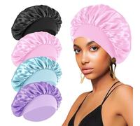4PCS Silk Bonnet for Sleeping,Hair Wrap Satin Bonnets Shower Cap for Black Women Men, Elastic Wide Band Cap for Sleeping Curly Hair (Black & Blue & Pink & Purple)