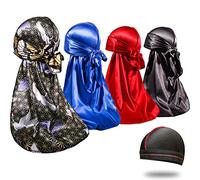 4PCS Silky Durags for Men 360 Waves, Designer Do Rag, Award 1 Wave Cap - Black - M