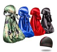 4PCS Silky Durags for Men 360 Waves, Designer Do Rag, Award 1 Wave Cap, Camou Blue BlackRed, M