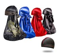 4PCS Silky Durags for Men 360 Waves, Designer Do Rag, Award 1 Wave Cap, Dragan Blue Black Red, M