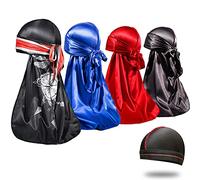 4PCS Silky Durags for Men 360 Waves, Designer Do Rag, Award 1 Wave Cap, Wing Blue Black Red, M