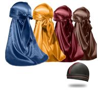 4PCS Silky Durags for Men Women 360 Waves with 1 Wave Cap, Silky Satin Durag Extra Long Tails