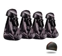 4PCS Silky Durags for Men Women 360 Waves with 1 Wave Cap, Silky Satin Durag Extra Long Tails, Black Black Black Black, M-L