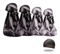 4PCS Silky Durags for Men Women 360 Waves with 1 Wave Cap, Silky Satin Durag Extra Long Tails, Black Black Gray Gray, M-L