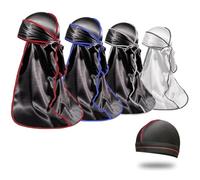 4PCS Silky Durags for Men Women 360 Waves with 1 Wave Cap, Silky Satin Durag Extra Long Tails, White Seam Black,black Seam White,red Seam Black,blue Seam Black, M/L