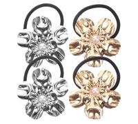 4pcs Silver Alloy Flower Hair Ties round Ponytail Holders for Women | Lightweight Chic Accessory, Decorative Metal Cuff Design, Suitable for Curly or Thick Hair, Formal Events and Date Nights