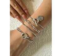 4Pcs Silver Chain Bracelet Set Women Snake Paperclip Coin Toggle Stack | Textured hammer-finish coin pendant; curb link mix; easy-to-use toggle clasps & adjustable extension chains.