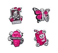 4Pcs Skeleton Flower Butterfly Ribbed Coffin Enamel Pins Punk Style Brooches Beverage Box Skull Lapel Pin Pink Halloween Skull Enamel Badge for Women Men Accessories Gift