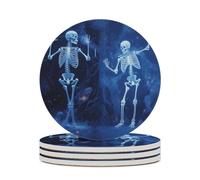 4PCS Skeleton on Display Coasters Non-Slip Round Drink Coasters with Ceramic Stone and Cork Base, Heat Resistant Absorbent 33.00Stone Coaster Set for Kinds of Mugs and Cups, 4 Inch