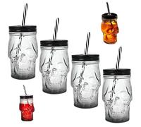 4PCS Skull Cup 17oz Clear Glass Halloween Drinking Glasses Reusable Mason Jar Cups with Lids and Straws Ideal for Coffee Water Juice Iced Tea Wine or Beer