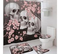 4Pcs Skull Floral Shower Curtain Set, Peach Black Flower Bath Mat Rugs Accessories for Bathroom Decor, Spring Modern Fabric Shower Curtain Set with Hooks 72x72 Inch