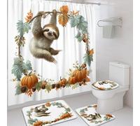 4Pcs Sloth Shower Curtain Set, White Orange Pumpkin Leaf Bathroom Decor Accessories for Fall, Cute Modern Waterproof Fabric Shower Curtain Set with Hooks 72x72 Inch