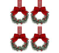 4pcs Small Wreaths for Kitchen Cabinets, 13cm Small Christmas Wreaths with Bows, Artificial Greenery Christmas Wreaths for Xmas Window Wall Front Door Decor