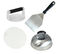 4pcs Smash Burger Press Kit with 15” Burger Smasher, 12” Burger Flipper, 9” Melting Dome & 50 Wax Discs, Heavy Duty Burger Press Set with Heat Resistant Handle, BBQ Griddle Accessories