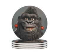 4PCS Smiling Gorilla Photo Coasters Non-Slip Round Drink Coasters with Ceramic Stone and Cork Base, Heat Resistant Absorbent 33.00Stone Coaster Set for Kinds of Mugs and Cups, 4 Inch