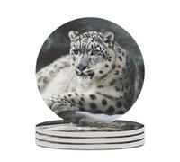 4PCS Snow Leopard Coasters Non-Slip Round Drink Coasters with Ceramic Stone and Cork Base, Heat Resistant Absorbent 33.00Stone Coaster Set for Kinds of Mugs and Cups, 4 Inch