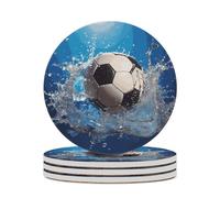 4PCS Soccer Ball Water Coasters Non-Slip Round Drink Coasters with Ceramic Stone and Cork Base, Heat Resistant Absorbent 33.00Stone Coaster Set for Kinds of Mugs and Cups, 4 Inch