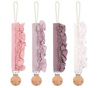 4Pcs Soft Cotton and Wood Clip Chain Lanyard for Baby Decorative Lace Design Lightweight Teething Accessory Secure Baby Clip Belt
