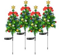 4PCS Solar Christmas Tree, Solar Christmas Lights Outdoor with LED, Waterproof Solars Xmas Lights Decorations with Bow Bell, Solars Xmas Tree Stake Light Garden Decor for Pathway Lawn Patio