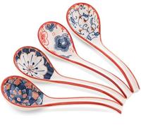 4Pcs Soup Spoons,Ceramic Chinese Spoons Japanese Ramen Spoon Creative Porcelain Asian Soup Spoons for Ramen Pho Cereal Wonton Dumpling Miso Set of 4 (Red)