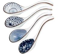 4PCS Soup Spoons, Ceramic Spoons Asian Soup Spoon, Japanese Ramen Spoons Porcelain Chinese Soup Spoons for Ramen Pho Cereal Wonton Dumpling Miso-Set of 4 (Blue)