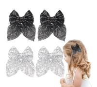 4Pcs Sparkling Sequin Hair Bows Clips - Nylon Mesh Bow-knot Bling Bling Glitter Alligator Hairpin Barrettes for Girls Kids Teens Women (Black/Silver)
