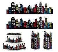 4pcs Spider Skyscraper Cake Toppers with Adhesive Dots, City Theme Cake Topper Skyscraper Border Decorations for Birthday Party & Construction Themed Events