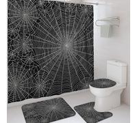 4Pcs Spider Web Shower Curtain Set, Black White Bath Mat Rugs Accessories for Halloween Decor, Modern Waterproof Fabric Shower Curtain Set with Hooks 72x72 Inch