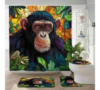 4PCS Spring Unique Chimpanzee Bathroom Accessory Sets with Non-Slip Rug, U Shape and Toilet Lid Cover Mat, Stained Glass Leaf Bathroom Fabric Decor-72''x72''