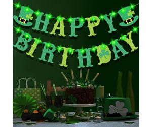 4Pcs St Patricks Day Accessories Banner Happy Birthday Glow in the Dark Green Shamrock Outdoor Indoor Party Gifts Irish Themed Led String Lights 2m Birthday Decorations for Women Men and Friends