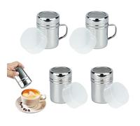 4Pcs Stainless Steel Flour Sugar Salt Shaker, Chocolate Shaker with Lid and Handle, Coffee Sprinkles Powder Spice Dispense with Fine Mesh Sieve Sifter for Syrup, Cream, Cappuccino Kitchen Baking