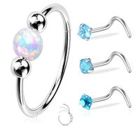 4Pcs Stainless Steel Nose Rings Set, 18g Opal Nose Rings, 20g Nose Studs Screws, 316L Surgical Steel Hypoallergenic Piercing Jewelry For Nose Ring, Septum Ring, And Cartilage Earring