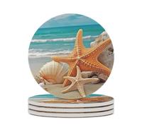 4PCS Starfish Seashell Beach Coasters Non-Slip Round Drink Coasters with Ceramic Stone and Cork Base, Heat Resistant Absorbent 33.00Stone Coaster Set for Kinds of Mugs and Cups, 4 Inch