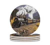 4PCS Steam Locomotive Train Coasters Non-Slip Round Drink Coasters with Ceramic Stone and Cork Base, Heat Resistant Absorbent 33.00Stone Coaster Set for Kinds of Mugs and Cups, 4 Inch