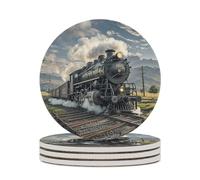 4PCS Steam Locomotive Train Coasters Non-Slip Round Drink Coasters with Ceramic Stone and Cork Base, Heat Resistant Absorbent 33.00Stone Coaster Set for Kinds of Mugs and Cups, 4 Inch