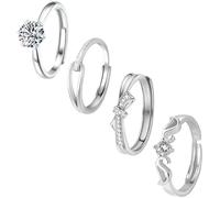 4Pcs Sterling Silver Adjustable Rings For Women, Cubic Zirconia 925 Silver Plated Stacking Rings Set With Classic Everyday Design For Wedding Promise Or Daily Wear