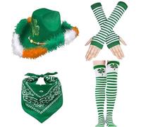 4PCS StPatricks Day Green Shamrock Hat Scarf Arm Sleeves Set For Various Age Irish Cultural Event Dressingup Costume Family Matching Accessories