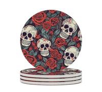 4PCS Sugar Skulls and Red Roses Coasters Non-Slip Round Drink Coasters with Ceramic Stone and Cork Base, Heat Resistant Absorbent 33.00Stone Coaster Set for Kinds of Mugs and Cups, 4 Inch